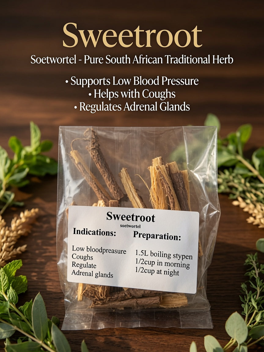 Sweetroot (Soetwortel) – Herb for Low Blood Pressure, Coughs & Adrenals (R50)
